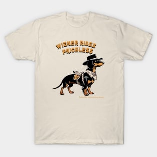 WIENER RIDES PRICELE$$ Black Tan dachshund wearing cowboy hat saddle and scarf T-Shirt